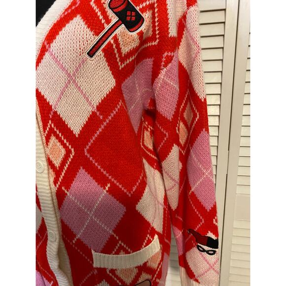 DC‎ Comics Harley Quinn Diamond Argyle Red Pink White Cardigan Size SM - Picture 3 of 9